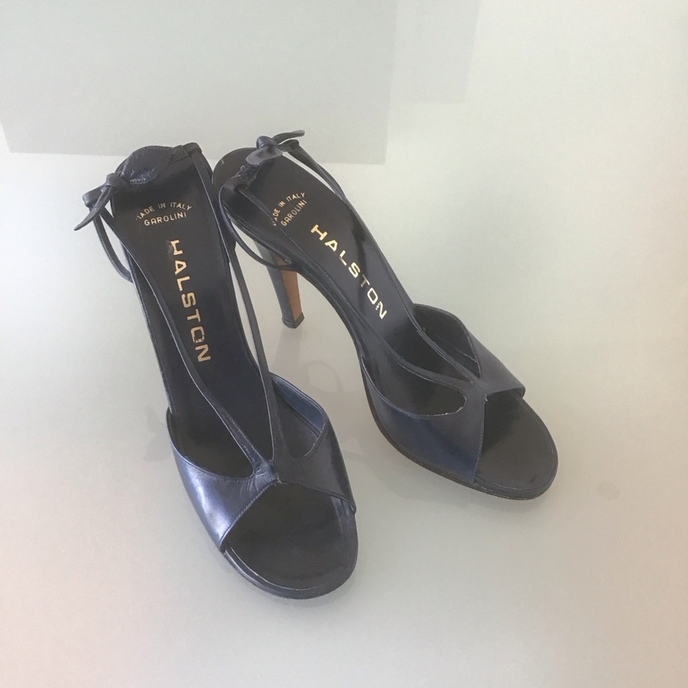 VTG Halston Navy Blue Leather Bow Slingback Heels Shoes 7‎ N Garolini Italy 70s